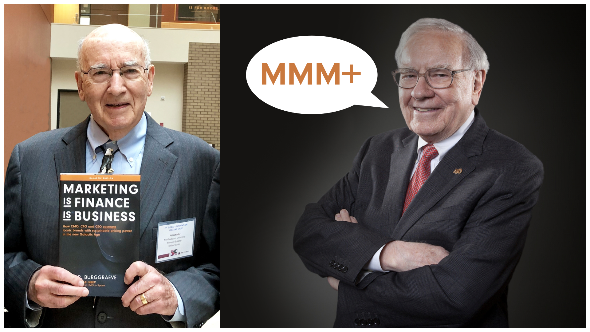 Philip Kotler holding Chris Burggraeve's book Marketing is Finance is Business, bridging marketing and finance with Warren Buffett